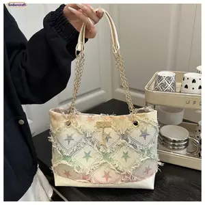 Women’s Denim Chain Shoulder Bag, Trendy Casual Denim Tote Bag with Chain Strap, Stylish Everyday Handbag for Shopping, Travel, Street Style and Daily Use