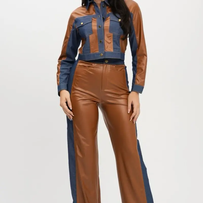 Two-Tone Denim & Vegan Leather Jacket Set – Stretchy Long Pants