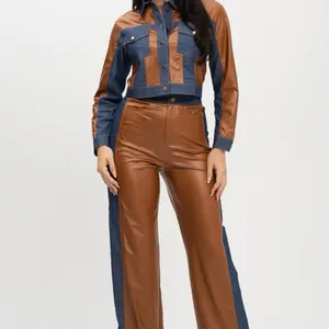 Two-Tone Denim & Vegan Leather Jacket Set – Stretchy Long Pants