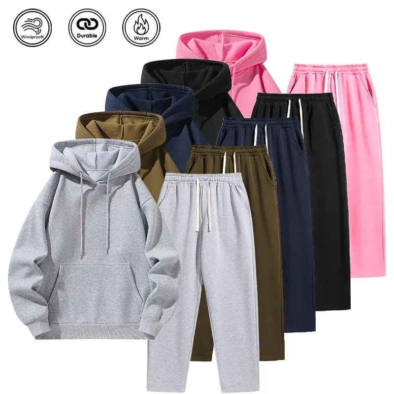 Men’s solid-color hooded sports set, loose plus-size hoodie + straight-leg athletic pants two-piece set, soft and warm casual outfit, available in five colors