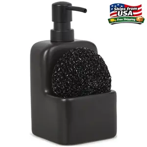 MS Ceramic Kitchen Soap Dispenser with Pump and Sponge Holder, Sink Caddy Organizer for Dish Soap, Sponge and Cleaning Supplies, Black