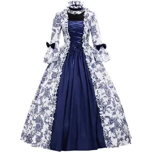 Women’s Victorian Rococo Dress – Elegant Maiden Costume in Royal Blue Floral