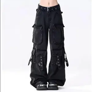 Women's Black  Baggy Cargo Jeans Harajuku Oversize Denim Trousers Y2k 90s Vintage 2000s  Jean Pants Trashy Clothes 2025 Womenswear Bottom Check Streetwear Comfort Gamis Loose Oversized Flared Leg Design Basic Minimalist