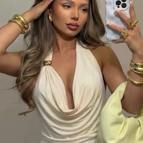 Women's Solid Color Cowl Neck Halter Top, Metal Decoration Ruched Sleeveless Backless Plain Slim Fit Cami Tank Top, Party Daily Casual For Ladies Summer, Sleeveless Tank Tops
