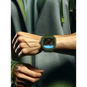 Men's Street Trend Hollow Out Design Mechanical Watch, Fashionable Square Dial Watch with Silicone Strap, Trendy Watch  with Box for Daily Life