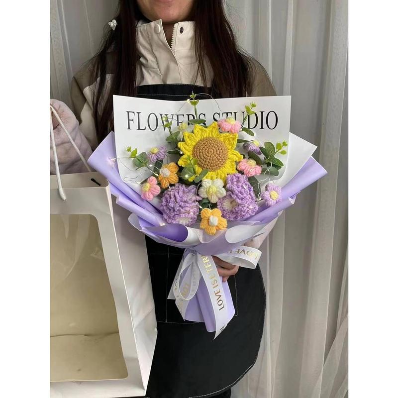 Crochet Flowers, Crochet Flower Bouquet, Sunflower, Handmade Flowers, Knitted Flowers, Pink Roses, Carnation, Tulip, Preserved Flower for Mother's Day, Valentine's Day, Birthday