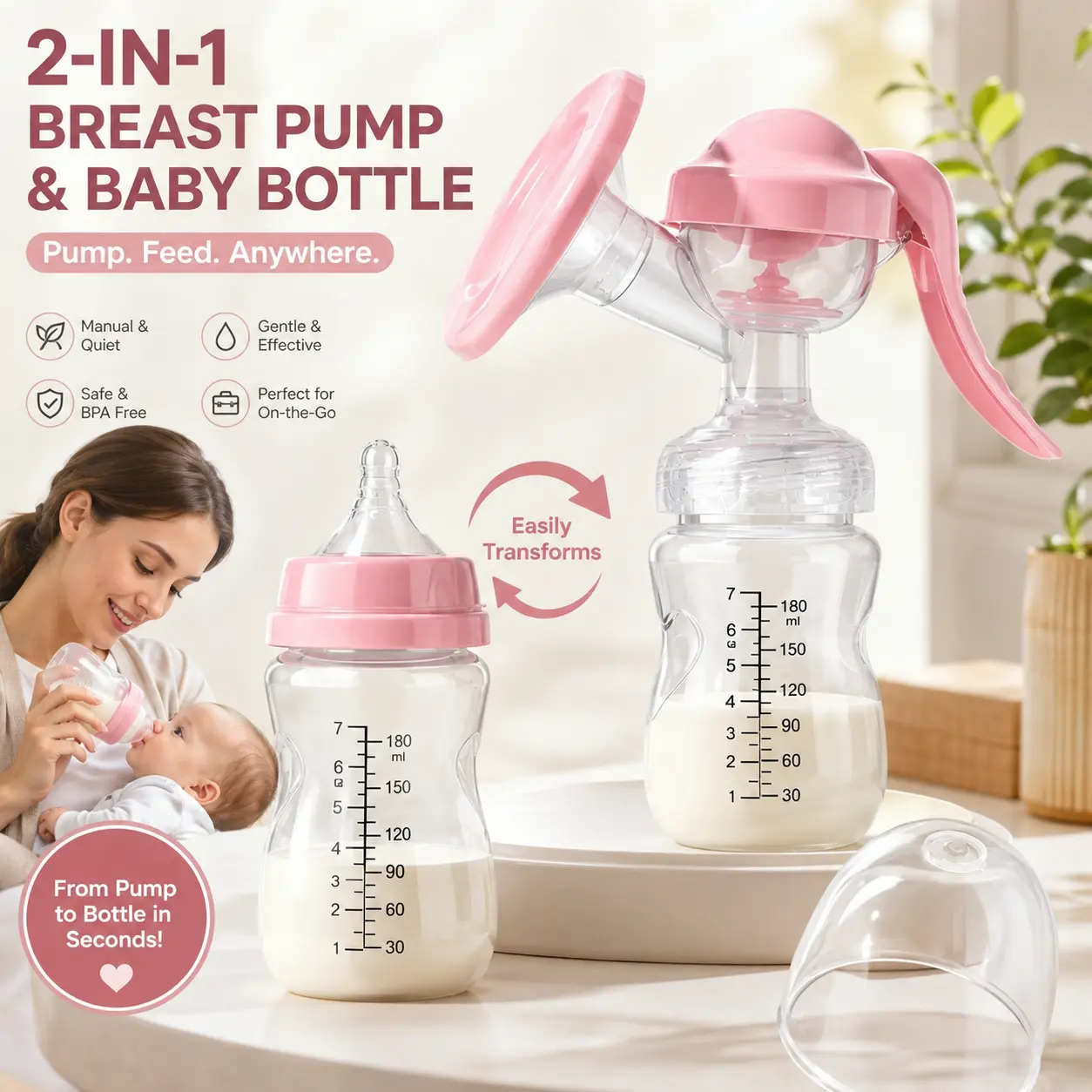 2-in-1 Manual Breast Pump & Baby Bottle – Pump & Feed in One, Store & Feed Anywhere