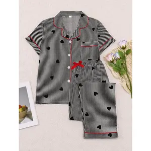 Women's Sleepwear Set, Sweet Casual Home Clothes, Short Sleeve Pajamas Bow Tie Pants, Elegant Simple Striped Heart Print, All Seasons Wear