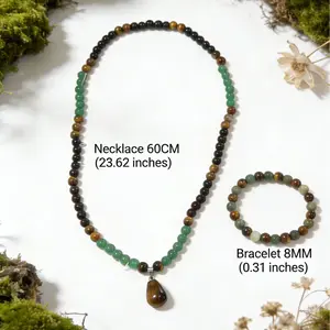 Green Aventurine & Tiger's Eye Teardrop Necklace Bracelet Set,60CM (23.6") Necklace, 8MM Beaded Bracelet, Natural Crystal Healing Jewelry, Unisex for Women & Men, Prosperity & Abundance Wealth Gift