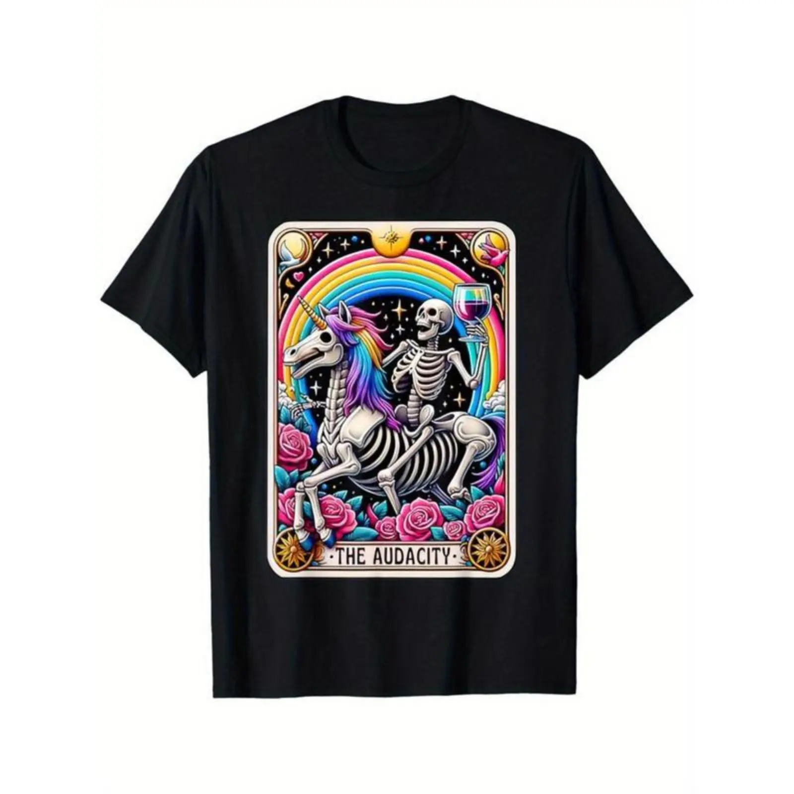 Women's Graphic Vintage The Audacity Funny Tarot Card Sarcastic Skeleton Short-Sleeve T-Shirt - Selected Pure Cotton Casual Streetwear Top, Soft, Breathable, Interesting Design, DIY-Friendly
