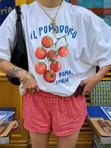 Women's T-Shirt with Tomato Print, Loose-Fitting Casual Style for All Seasons, Trendy Streetwear for Youthful Charm