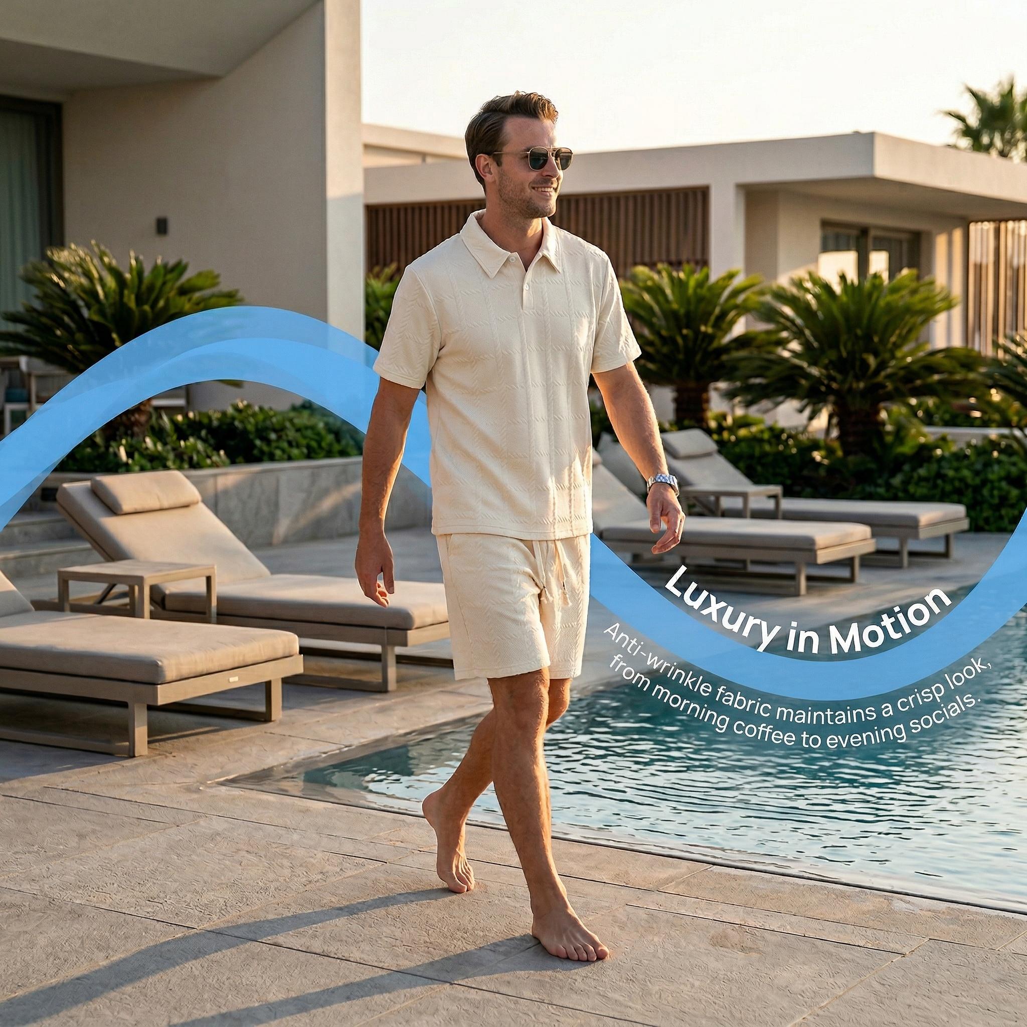 Men's 2 Piece Loungewear Set, Textured Polo Shirt & Shorts for Home & Streetwear