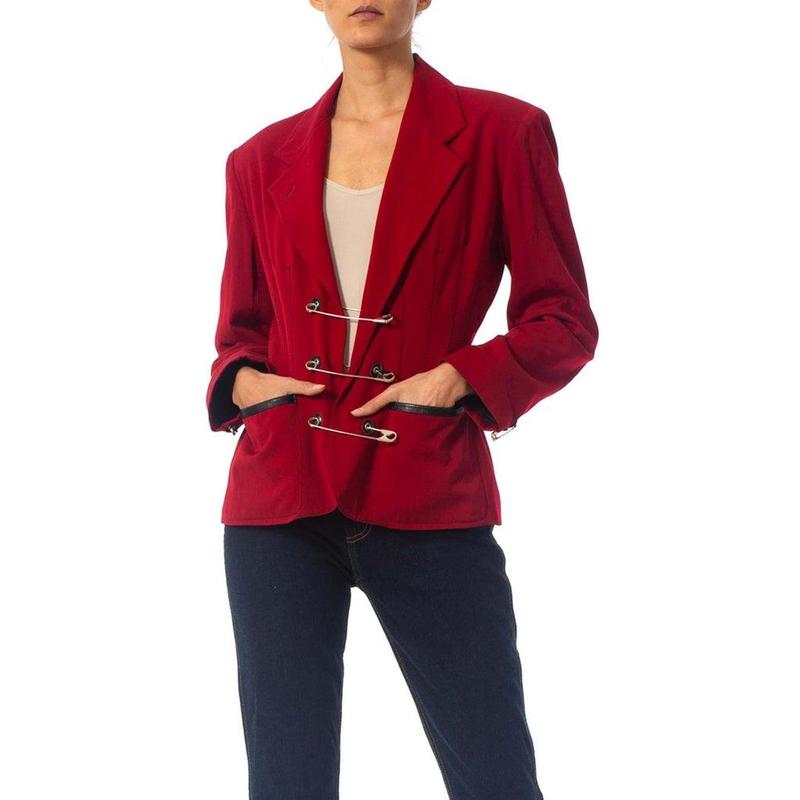 1980S JEAN PAUL GAULTIER Red Wool Very Rare Jacket With Leather And Oversized Safety Pin Details