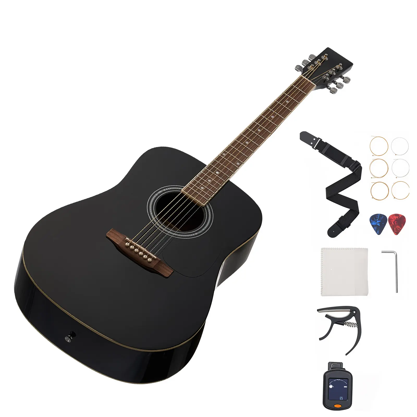 Dreadnought Acoustic Guitar, 41 in, 6-String Black Solid Spruce Top Guitar, Beginner Bundle with Gig Bag, Tuner, Strap, Steel Strings, Picks, Capo, Rosewood Fingerboard, for Adult Taller Player