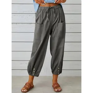 1-Pack of Loose-Fitting High-Waisted Buttoned And Linen Cropped Wide-Leg Unisex Pants with Pockets for Easy Outings. Casual Trousers, Elastic Waist