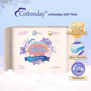 Cottonday Regular Day 245mm 10Pads Feminine Day Santary Napkin Zero-Feel Ultra Thin Soft and Absorbent Organic Cotton Bellflower Series