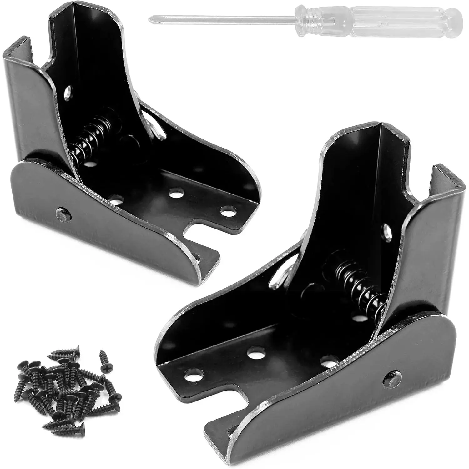 2-Pack Black Electrophoretic Metal Iron Foldable Table Leg Brackets - Push Button Foldable Self-Locking Hinge Extension Supports (65x45x60mm,70x45x32mm), with Screws & 1x Screwdriver for Laundry Room Table, Workbench Feet