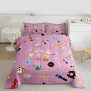 Music Theme Comforter Set,Girls Pop Singer Bedding Set,Kids Women Fashion Guitar Lipstick Down Comforter,Snake Flower Insert Pink Gift Duvet, Multi-Size, Music Motif
