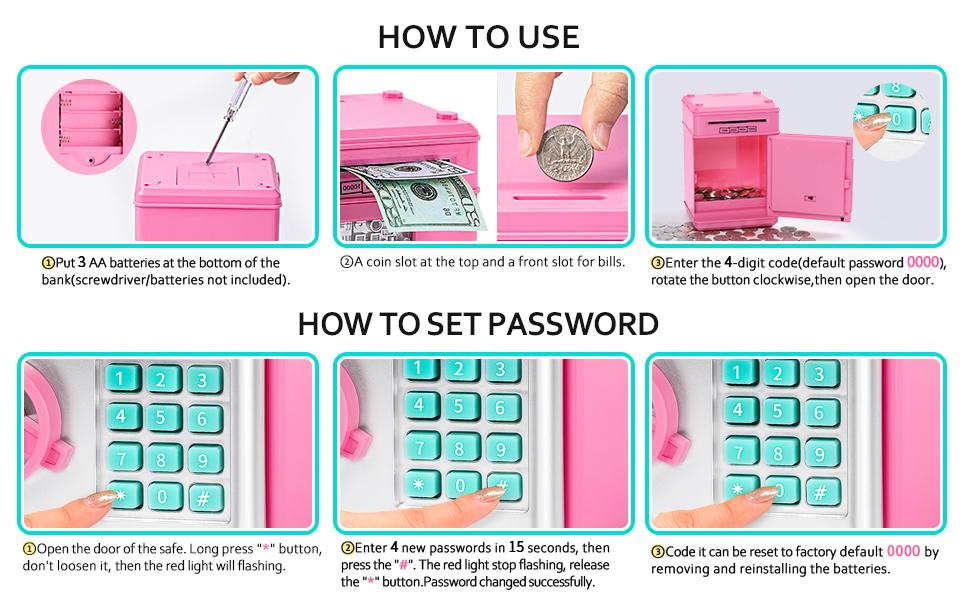Pink/black  Piggy Bank for Kids with Password Code Lock and Auto Grab Bill Slot, Real Money Cash Coin Can Saving Box Electronic Money Safe Bank, Hot Gift for 4 7 8 9 10 11 Year Old Boys Girls，money saving binder，money saving binder