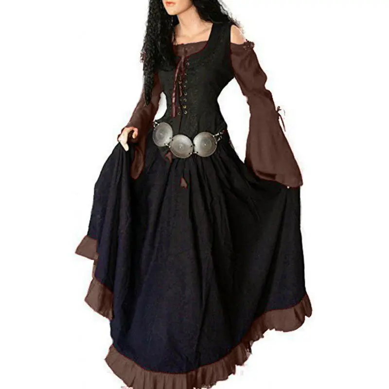 Vogue European and American Medieval Court Retro Slim Off-Shoulder Lace-Up Flared Dress Patchwork Bell Sleeves Elegant Feminine Quality Relaxed Durable Comfortable Versatile Chic Breathable Ladies Soft Cute