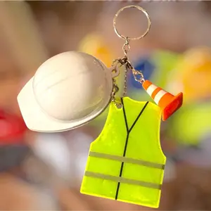 Mini Construction Worker Keychain with Safety Vest Hard Hat & Traffic Cone Charm for Construction Enthusiasts