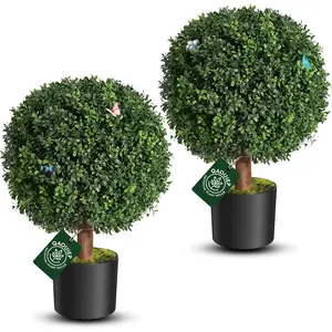 24'' Artisan Boxwood Trees . Realistic Trunk & Plush Foliage . Faux Boxwoods for Indoor Outdoor Planters for Porch, Entryway & Garden Corners . Lifelike Elegance, No Water Needed