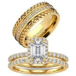vowsering 1CT CZ Wedding Ring Set for Women & Men Yellow Gold Plated Bridal Couple Rings Titanium steel Ring Wedding Band