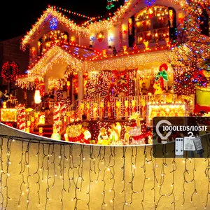105ft Outdoor Christmas Decoration Lights 1000 LED 8 Modes Curtain Fairy Lights with 50 Drops Plug in Waterproof Timer Memory Function for Christmas Holiday Wedding Party Decorations Traditional Ornaments