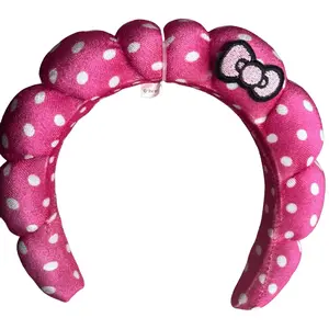 Pink Polka Dot Spa Headband with Decorative Bow,Comfortable Fit, Soft absorbent Fabric Design bubble