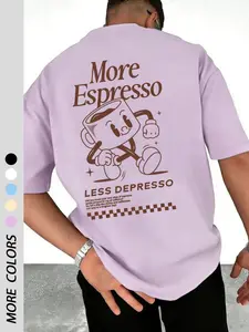 Men's Versatile Classic Letter Water Cup Graphic Print Casual Round Neck Short Sleeve T-Shirt, Summer Outdoor Sports Shirt, Fitted Long H-Type Animal Print