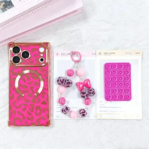 Luxurious Leopard Print Glossy Square Phone Case with Matching Beads & Silicone Suction Stand, Shockproof Durable Cover, Magnetic Wireless Charging Compatible, All-Around Protection for 17/16/15/14/13 Series Phones, Accessories, Smartphone