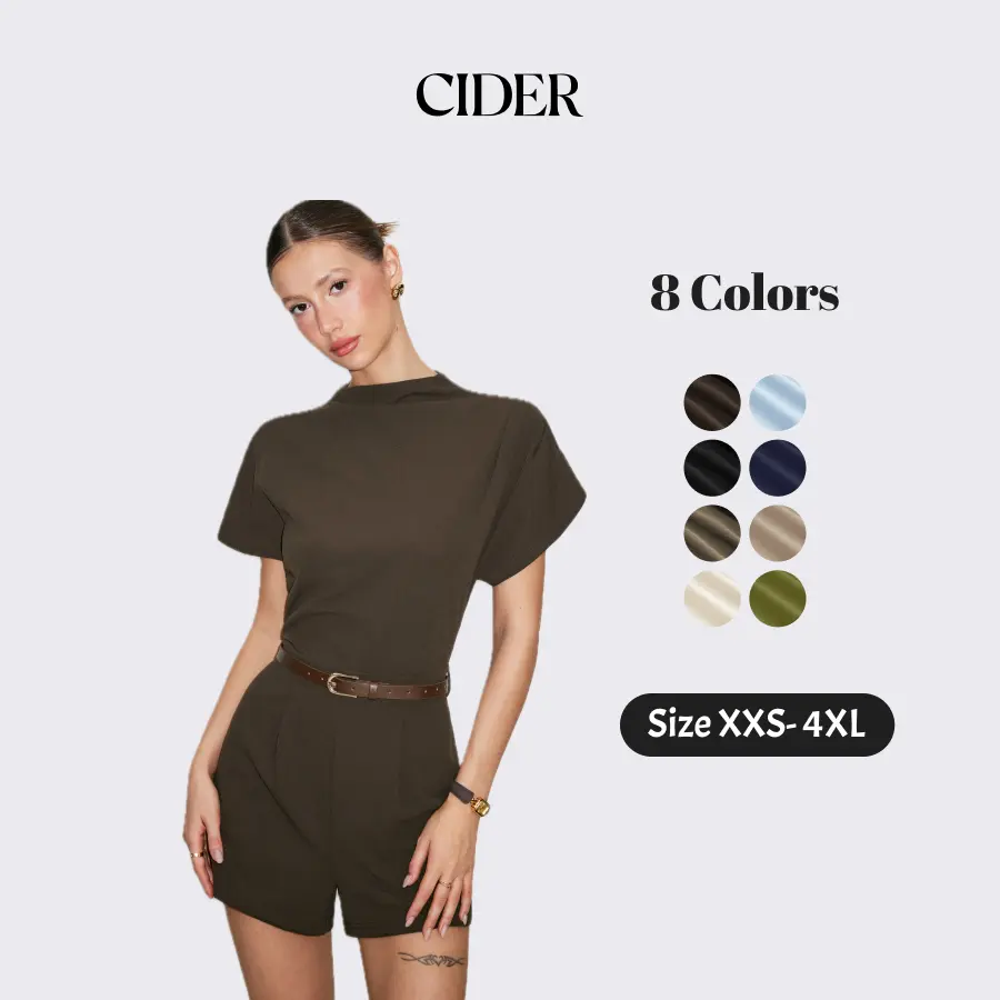Cider Minimalist Summer Stand Collar Romper for Casual Daily, Elegant Jumpsuits, Ladies Belted Playsuit, Urban Vacation Outfits, Lady Overalls