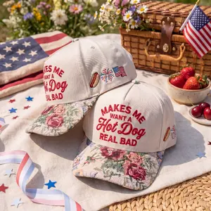 Makes Me Want A Hot Dog Real Bad Embroidered Floral Hat, Funny Patriotic USA Baseball Cap, Fourth of July BBQ Cookout Hat, Vintage Americana Snapback, Cute Summer Country Concert Outfit, Retro Independence Day Gift for Women