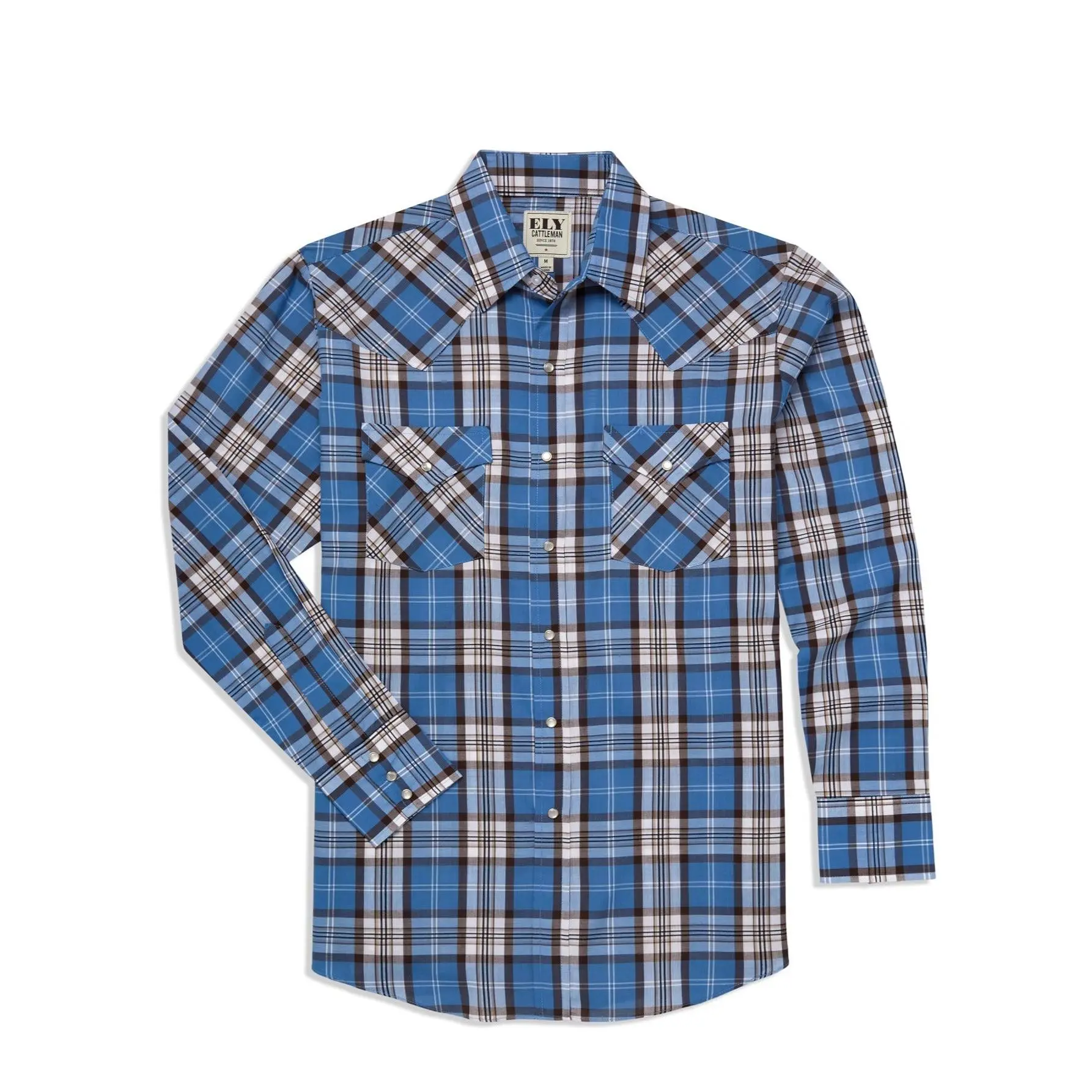 Men's Ely Cattleman Long Sleeve Textured Plaid Western Snap Shirt- Blue & Brown