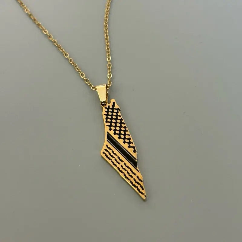 Gold-Plated Palestine Map Necklace with Keffiyeh Pattern – Free Palestine. Quality Palestinian Jewelry & Accessories – Palestine Necklaces for Women & Men, Rings, Flag, Keffiyeh Kufiya, Watermelon Charms & Calligraphy Designs Gifts & Proud Supporters