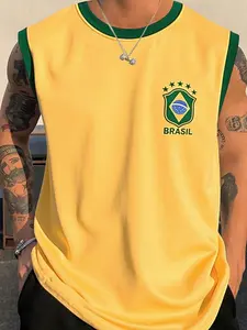 Men's Brazil Flag Sports Football Print Tank Top, Regular Fit Casual Green & Yellow Colorblock Sleeveless Vest, Men's Top for Daily Wear, Socks