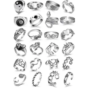 Vintage Silver Open Punk Rings for Men Women, 24PCS Adjustable Rings, Alt Rings, Chunky Silver Rings, Bulky Rings, Hippie Rings ,Cool Gothic Ring,Statement Stacking Ring, Skull Snake Star Flower Heart Eboy Emo Y2K Ring