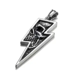GTHIC Men's Stainless Steel Retro Skull Pnendant Necklaces Lightning Bolt Biker Jewelry for Wedding Engagement Birthday Gift Daily Wear