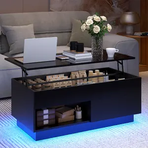 HOMMPA 40" Lift Top Coffee Table with Storage LED Coffee Table Morden High Gloss Living Room 3 Tiers Modern Tea Table with Storage Center Tables Hidden Compartment & Open Shelve & Drawer Black