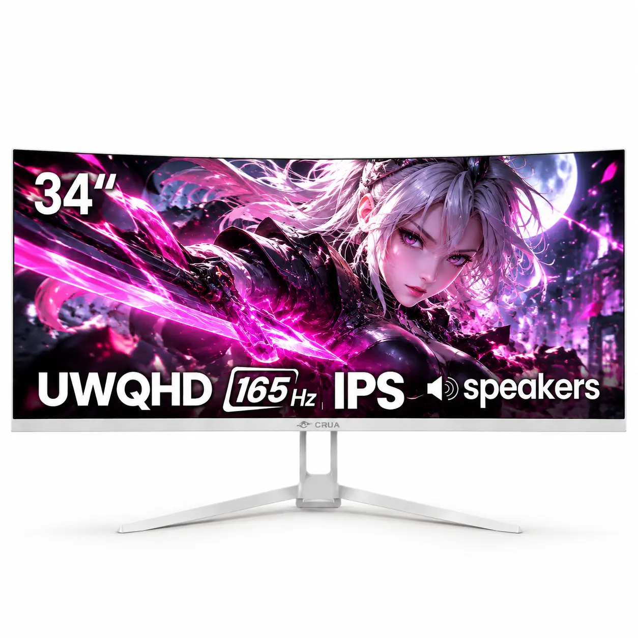 CRUA 34" WQHD 3440x1440 Gaming Monitor, 21:9 IPS Panel, 165Hz Refresh Rate, 120% sRGB, AMD FreeSync, Built-in Speakers, HDMI-DP Ports, VESA Mount - White Desktop Monitor, Monitors, Wqhd 3440×1440