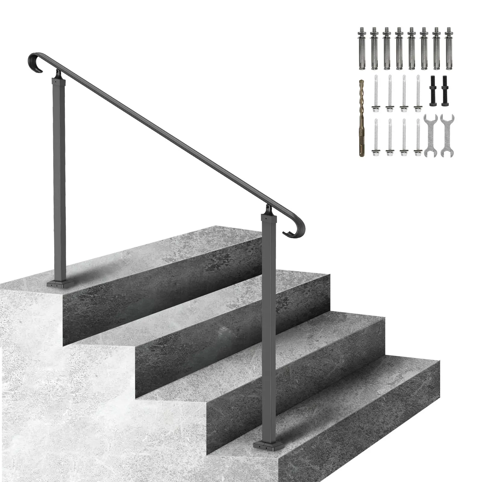 VEVOR Wrought Iron Outdoor Stair Railing Kit, Residential Complete Set with Curly Side, Flexible Height Family Safety Balance Aid, Fits 3-5 Concrete/Wooden Front Porch Outdoor Steps
