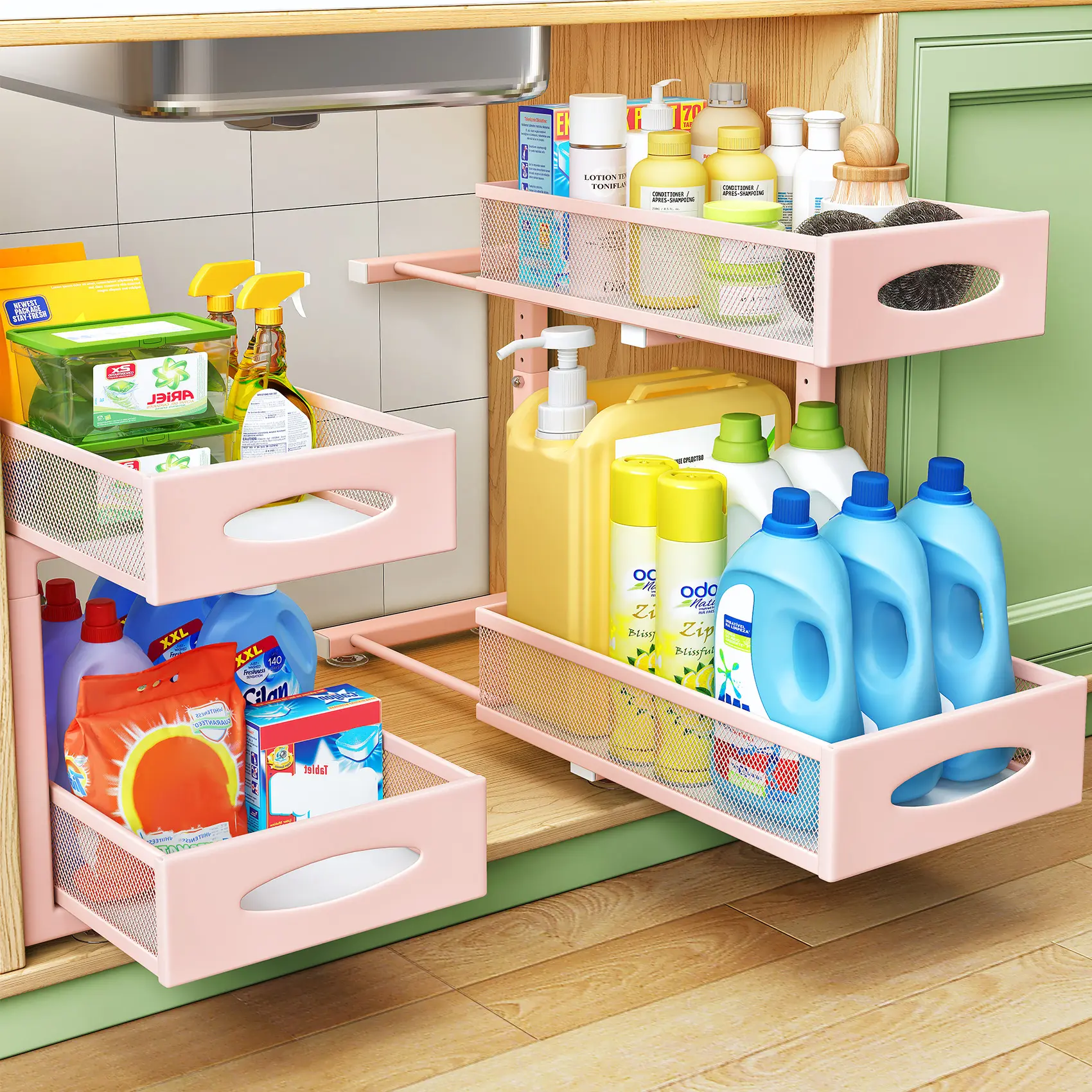 Kitstorack Steel Under Sink Organizer - 2-Tier Pull-Out Cabinet Organizer with Adjustable Mesh Sliding Drawers, Slide-Out Storage Shelf for Vanity, Garage Organization