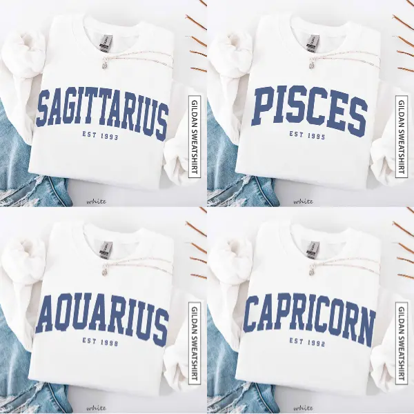 (Leave A Note or DM to Shop) (Ver 3) Custom Zodiac Sweatshirt – White Color, Custom Year-Est Your Year Astrology Pullover, Cute Horoscope Energy Gift, Unisex Crewneck Sweatshirt, Birthday Zodiac Sign Outfit - HARSIN
