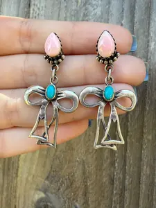 Turquoise and Pink Conch Sterling Silver Dangle Bow Earrings