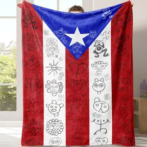 Puerto Rico Flag Flannel Throw Blanket–Red,White&Blue Heritage Design with Bongo Drum,Island Architecture,Frog,Crown&Coquí–Soft&Warm Plush Throw for Sofa,Bed,Office,Camping–for Kids,Fans&Adults–Ideal for Home Décor,Travel,Birthday,Christmas&New Year Gift