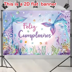 Mermaid Birthday Banner, Spanish Feliz Cumpleaños, Underwater Theme Party Background, Mermaid Tail, Jellyfish, Seahorse, Shell, Seaweed