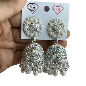 Beautiful Party Wear Earrings - Elegant Polki Jhumki Design Traditional Kundan Jhumki Earrings with Pearls & White Metal Coating for Special Occasions - Stunning