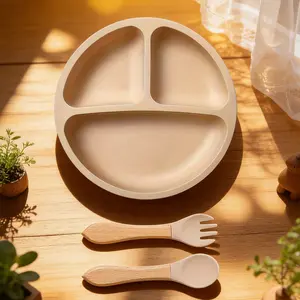 Baby Silicone Feeding Utensils Set, Smiley Face Plate, Wooden Long Fork Spoon, Unisex Food Grade Material, Safe for Infants, Bpa Free Trays