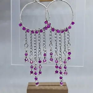 Handmade Hoop Earrings Wire Wrapped With Hot Pink Faceted Beads On Chain