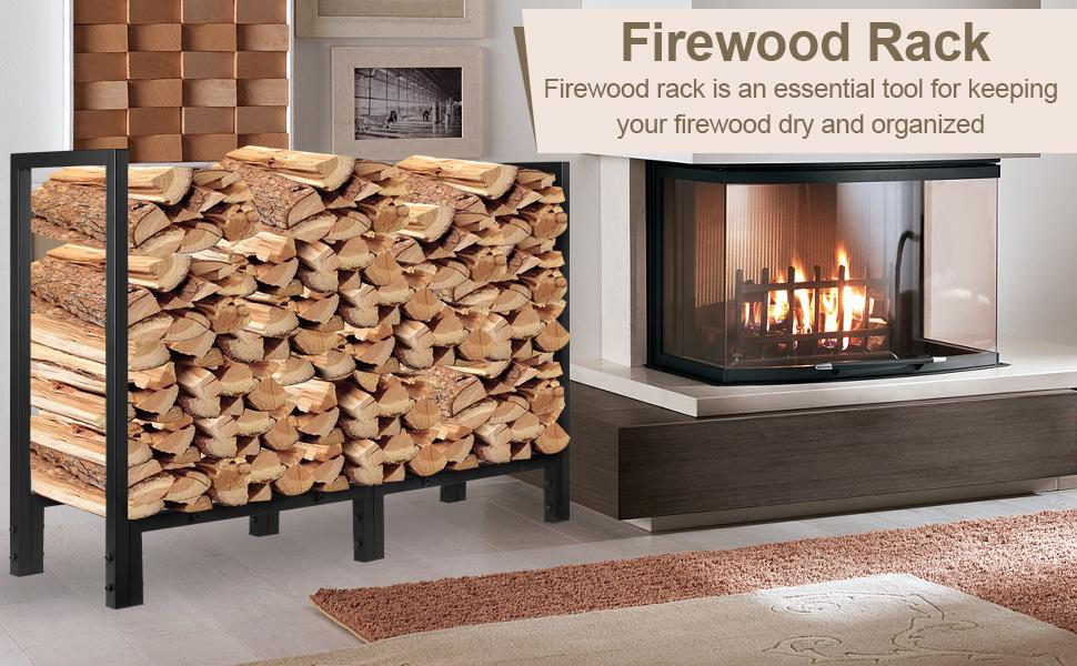 4ft Heavy Duty Firewood Storage Rack with Kindling Holder for Indoor Outdoor Home Garden Patio Wood Rack for Fireplace, Fire Pit, Woodstove